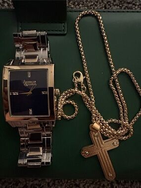 American Exchange Silver and Gold Mixed-Metal Watch and Cross Necklace